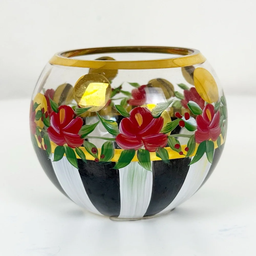 Mackenzie Childs Heirloom Rose Bowl Vase Hand Painted- Retired Rare